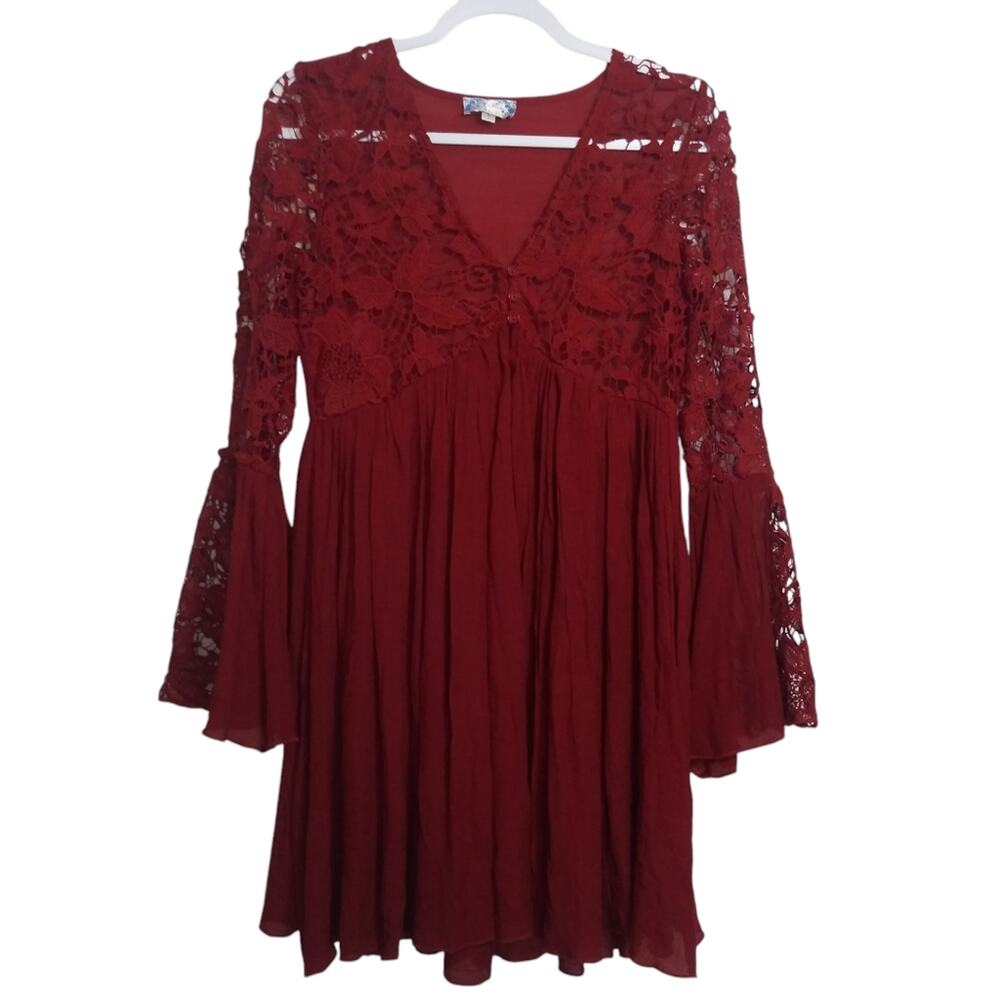 J Gee Burgundy Lace Bell Sleeve Flowy Boho Witchy Dress Size Small